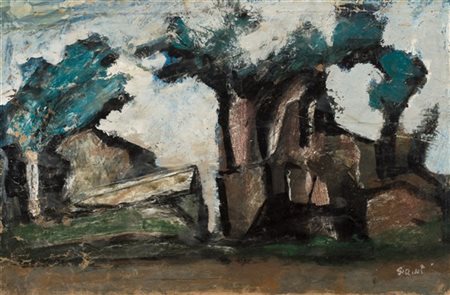 Mario Sironi "Paesaggio con alberi e montagne" prima metà anni '40
olio e temper