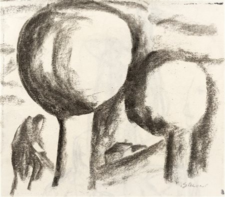 Mario Sironi "Alberi, figura e case" 1926 circa
tempera su carta
cm 18,8x21,6
Al