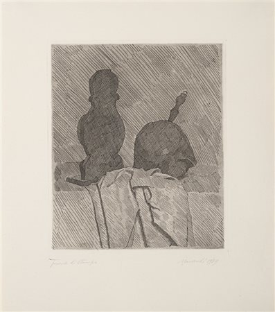 Giorgio Morandi "Natura morta con due oggetti e un drappo su un tavolo" 1929
acq