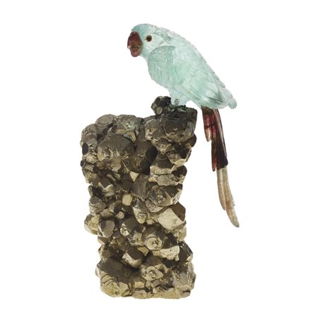 SCULTURA IN ACQUAMARINA E TORMALINA raffigurante un pappagallo, base in...