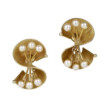 PAIO DI ORECCHI IN ORO GIALLO 14 KT E PERLE COLTIVATE modellati ad S e...