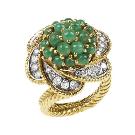 ANELLO IN ORO GIALLO, BIANCO, DIAMANTI E SMERALDI realizzato con profili e...