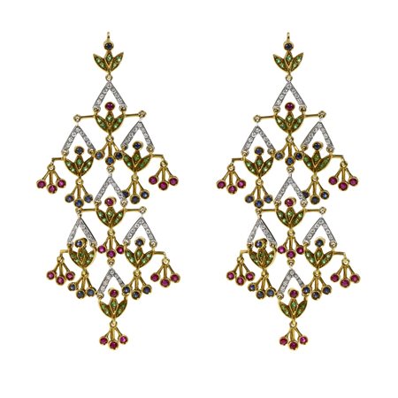 PAIO DI ORECCHINI PENDENTI IN ORO GIALLO, BIANCO, DIAMANTI, RUBINI, ZAFFIRI E...