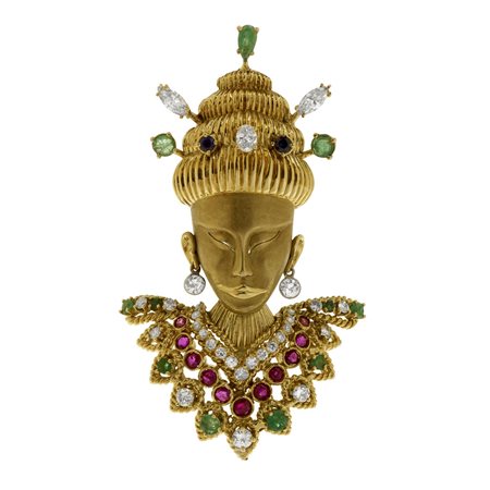 SPILLA - PENDENTE IN ORO GIALLO, DIAMANTI, SMERALDI, RUBINI E ZAFFIRI...