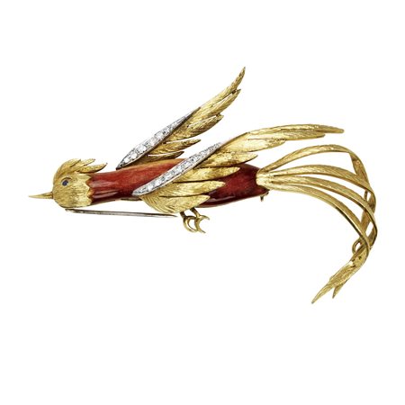 SPILLA IN ORO GIALLO, DIAMANTI E SMALTI disegnata come un volatile il cui...