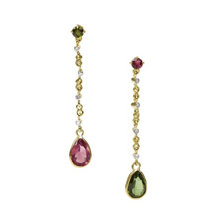 PAIO DI ORECCHINI PENDENTI IN ORO GIALLO, DIAMANTI E TORMALINE ad una linea...