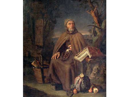 Scuola spagnola del XVII secolo Monaco eremita Olio su tela Misura 58.5x50 cm