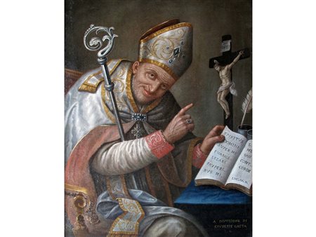 Scuola napoletana del XVIII secolo San Gennaro Olio su tela Reca a fronte la...