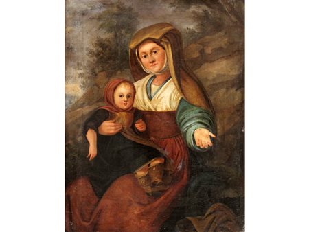 Scuola tedesca inizio del XIX secolo Mendicanti Olio su tela Misure 49x38.5 cm