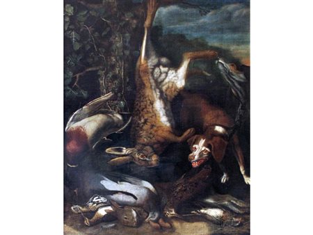 Seguace di Frans Snyder (1579-1657) Cacciagione Olio su tela Misure 110,5x81 cm