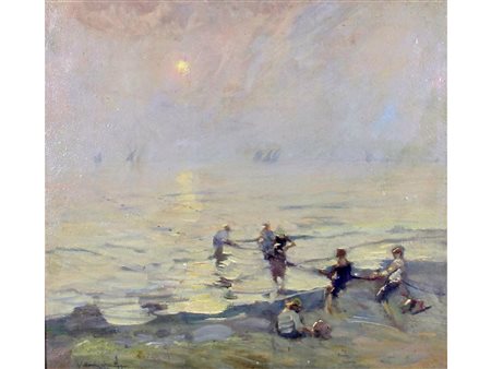 Gennaro Villani (Napoli 1885-1948) La traina delle reti Olio su cartoncino...