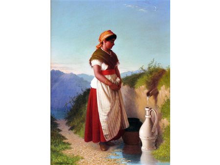 Stefano Novo (Cavarzere, 1862 – 1947) Donna al pozzo Olio su tela Firmato...