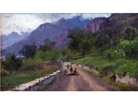 Silvio Poma (Trescore Balneario 1840 - Turate 1932) Per la strada Olio su...