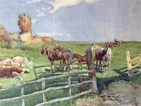 Filiberto Petiti (Torino, 1845 - Roma 1924) Cavalli Acquarello su carta...