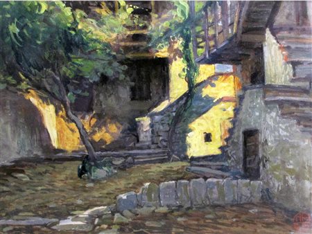 Dipinto siglato del XX secolo Cortile Olio su tavoletta Misure 23x32 cm