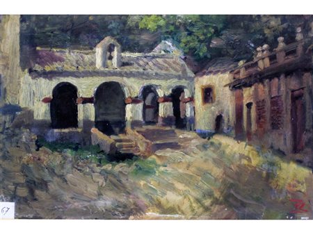 Dipinto siglato del XX secolo Borgo Olio su tavoletta Misure 22.5x35 cm