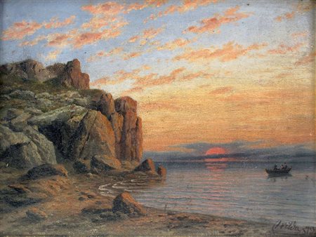 Rudolf Wilda (Gommern 1818-Berlin 1908) Tramonto Olio su tavoletta Firmato e...