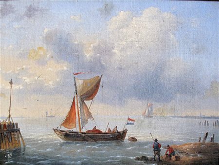 Firma illeggibile (XIX secolo) Marina Olio su tela applicata su tavoletta...