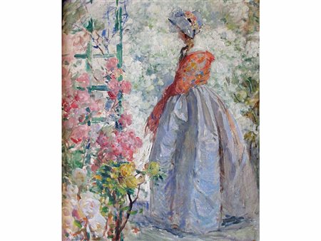 Antoine Calbet (1860-1944) Ragazza in giardino Olio su tela Firmato Misure...