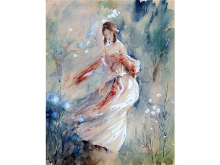 Antoine Calbet (1860-1944) Ragazza in giardino Acquarello su carta Firmato...