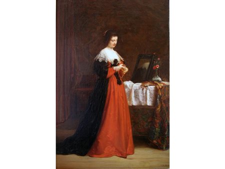 Firma non identificata La toilette della sera Olio su tela Siglato e datato...