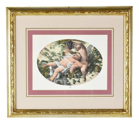 STAMPA A COLORI SU CARTA raffigurante coppia di putti alati festanti, da...