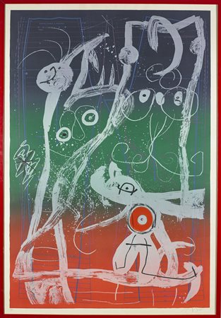 JOAN MIRO' Le delire du coutrier-bleu, rouge, vert.