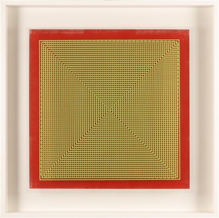 ALBERTO BIASI Progetto S1, dinamica visiva in verde su fondo rosso.