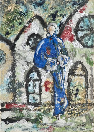 Massimo Podestà Modella e cattedrale Tecnica mista su tela, cm. 35x25 Firmato...