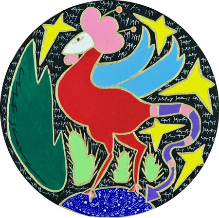 Giancarlo Montuschi Il canto del gallo, 2002 Acrilico e foglio oro su tavola,...