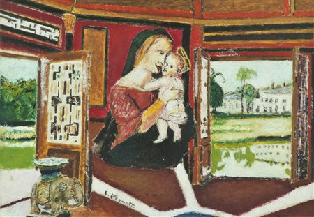 Gianni Vagnetti Madonna con bambino Tecnica mista su carta, cm. 24x34 Firmato...