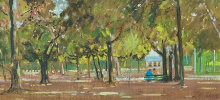 Piero Vaccari Pineta Olio su tavola, cm. 19,5x40 Firmato in basso a destra....