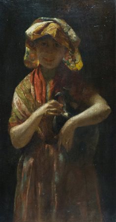 Anonimo dell'800 Contadina Olio su tela, cm. 61x30 Sigla "L.S." in basso a...