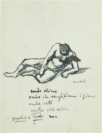 Orfeo Tamburi Nudo China acquerellata su carta, cm. 28x22 Firmato in basso a...