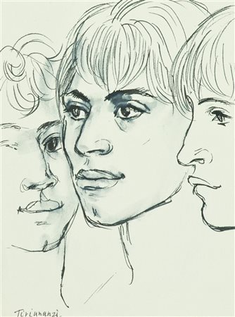 Nino Tirinnanzi Volti China acquerellata su carta, cm. 26x20 Firmato in basso...