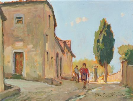 Giorgio Luxardo Paesaggio con figure Olio su tavola, cm. 15x20 Firmato in...