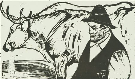 Lorenzo Viani Contadino e buoi Xilografia di cm. 18,5x30, su carta di cm....