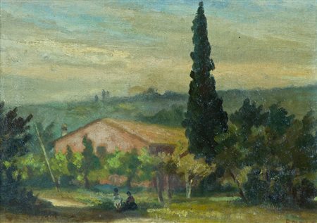 Fausto Magni Paesaggio con figure Olio su cartone telato, cm. 25,5x36 Firmato...