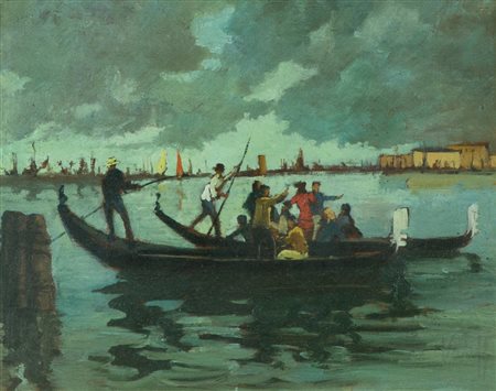 Anonimo Gondole Olio su tavola, cm. 21x26 Firma illeggibile in basso a destra.
