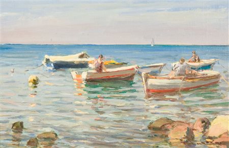 Giorgio Luxardo Barche con pescatori Olio su tavola, cm. 20x30 Firmato in...