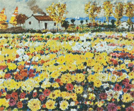 Michele Cascella Prato fiorito Serigrafia su lastra d'argento, cm. 25x30, es....