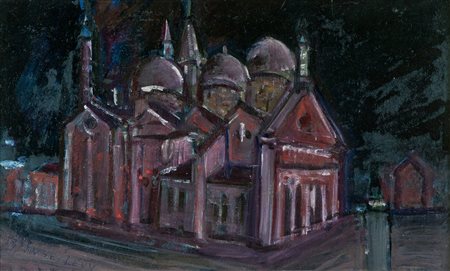 Moses Levy Cattedrale, 1958 Olio su cartone, cm. 22x35 Firma e data in basso...