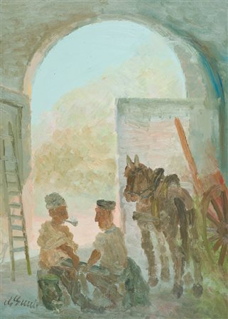 Guido Guidi Stalla con cavallo e stallieri Olio su tavola, cm. 70x50 Firmato...