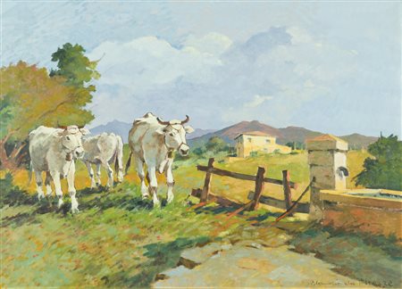 Claudio Da Firenze Bovi al pascolo Olio su faesite, cm. 50x70 Firmato in...