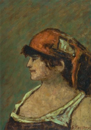 Gino Tassinari Contadina, 1959 Olio su faesite, cm. 35x25 Firmato in basso a...