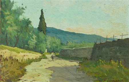 Guido Bernardi Paesaggio con figura Olio su tavola, cm. 10x15 Firmato in...