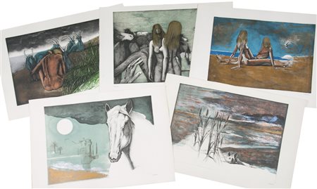 Sergio Vacchi Il pianeta Cartella contenente cinque acqueforti di cm. 40x55,...