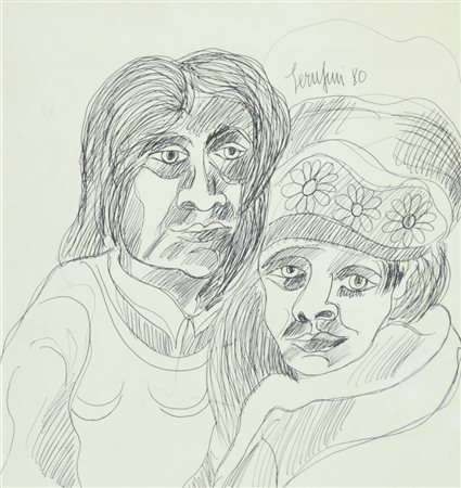 Giuseppe Serafini Figure, 1980 Biro su carta, cm. 35,5x33,5 Firma e data in...