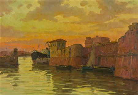 Sergio Difficili Porto di Livorno Olio su faesite, cm. 35x50 Firmato in basso...