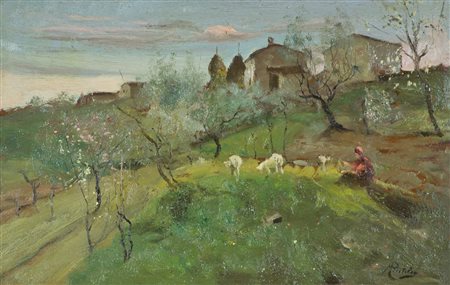 Rutilio Muti Primavera - tramonto Olio su tavola, cm. 33x52,5 Firmato in...